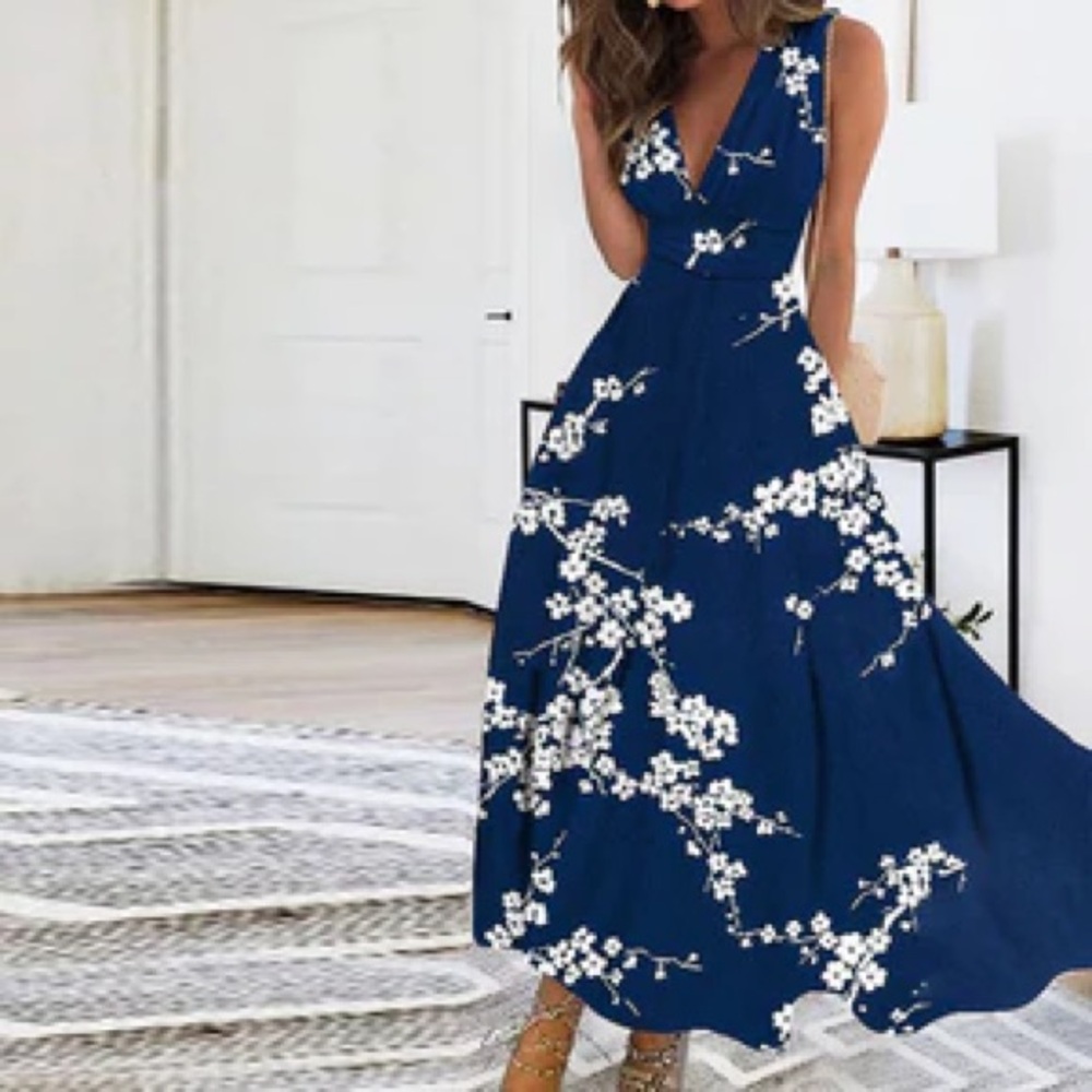 Navy Floral Print Sleeveless Midi Dress Navy